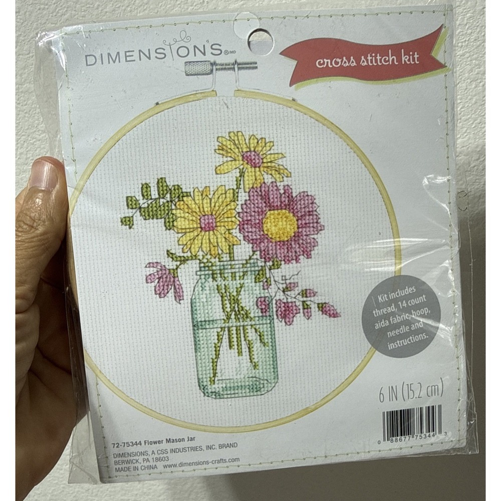 Dimensions Cross Stitch Kit "FLOWER MASON JAR" #72-75344 Floral w/Hoop  ~ New